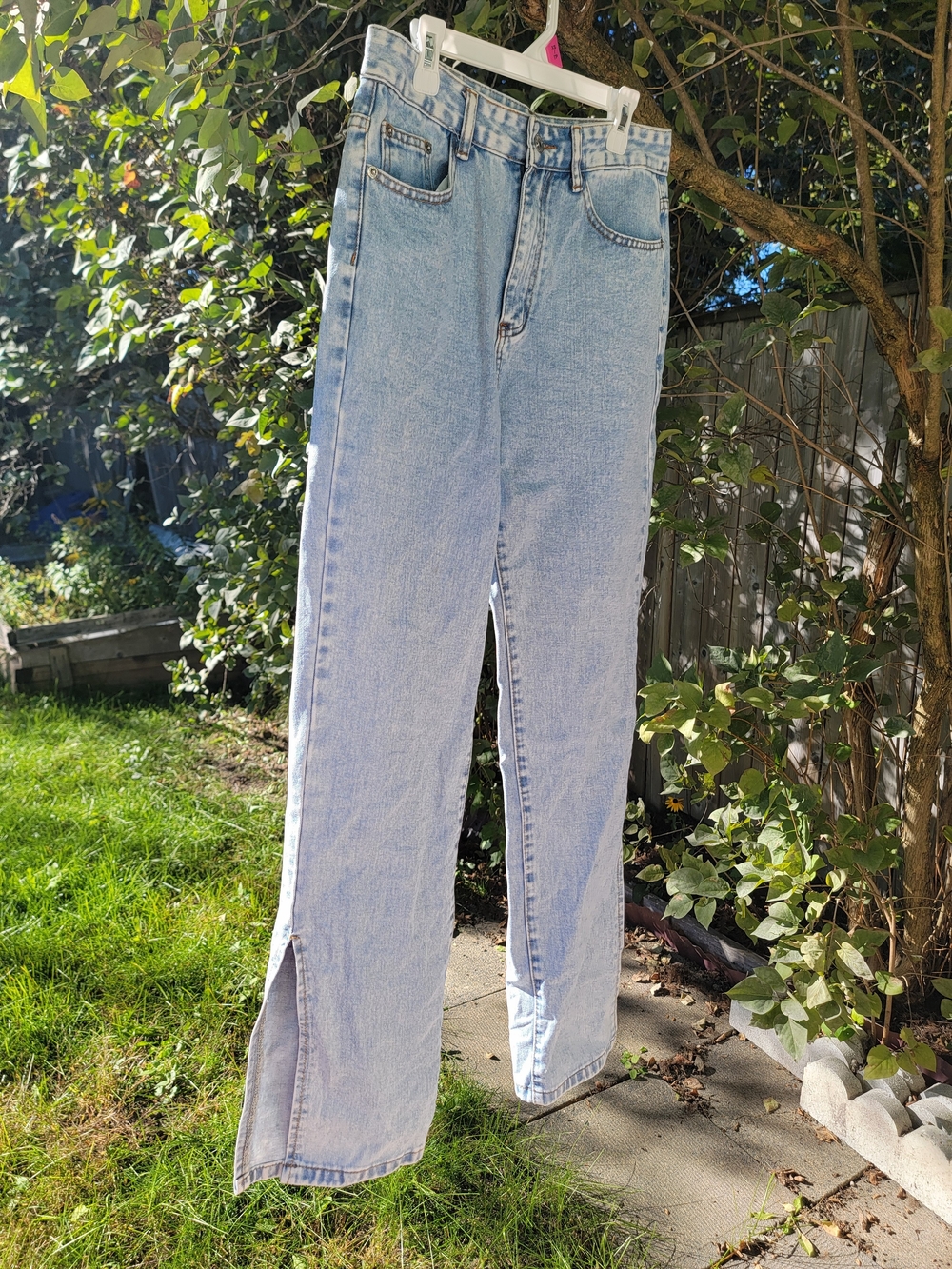 Light Blue Straight Leg Jeans with Ankle Slit